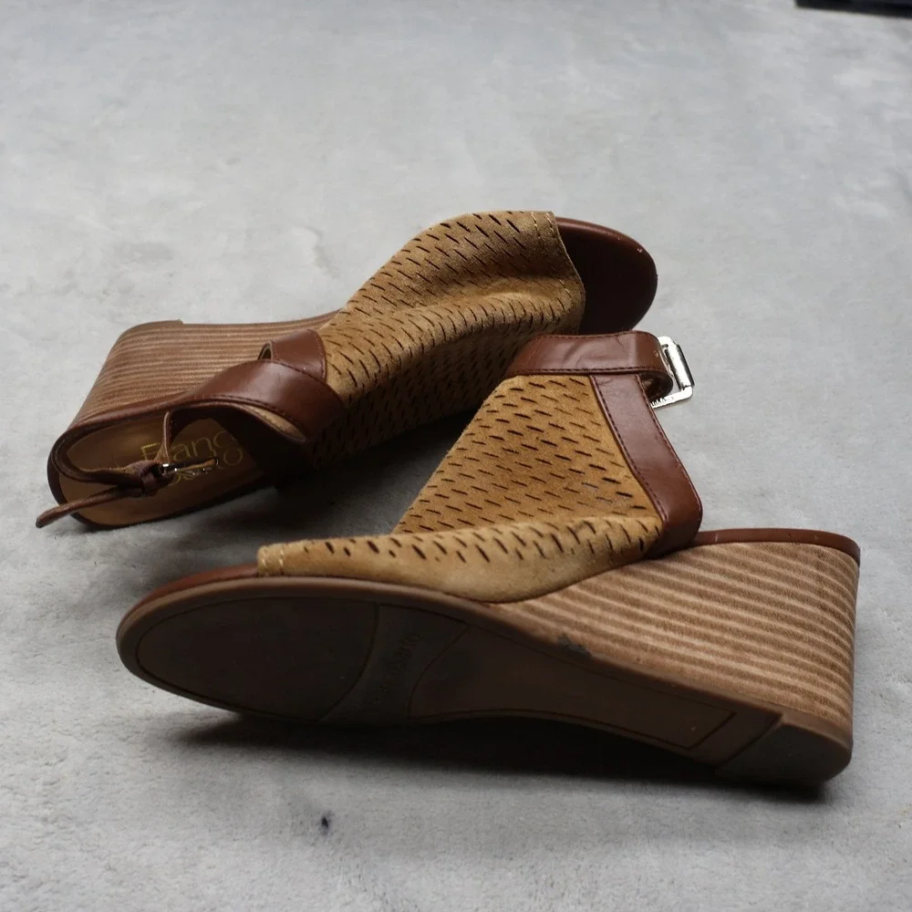 Franco Sarto Womens 7M Martha Sandals Brown Wedge Leather Laser Cut Suede‎ Boho